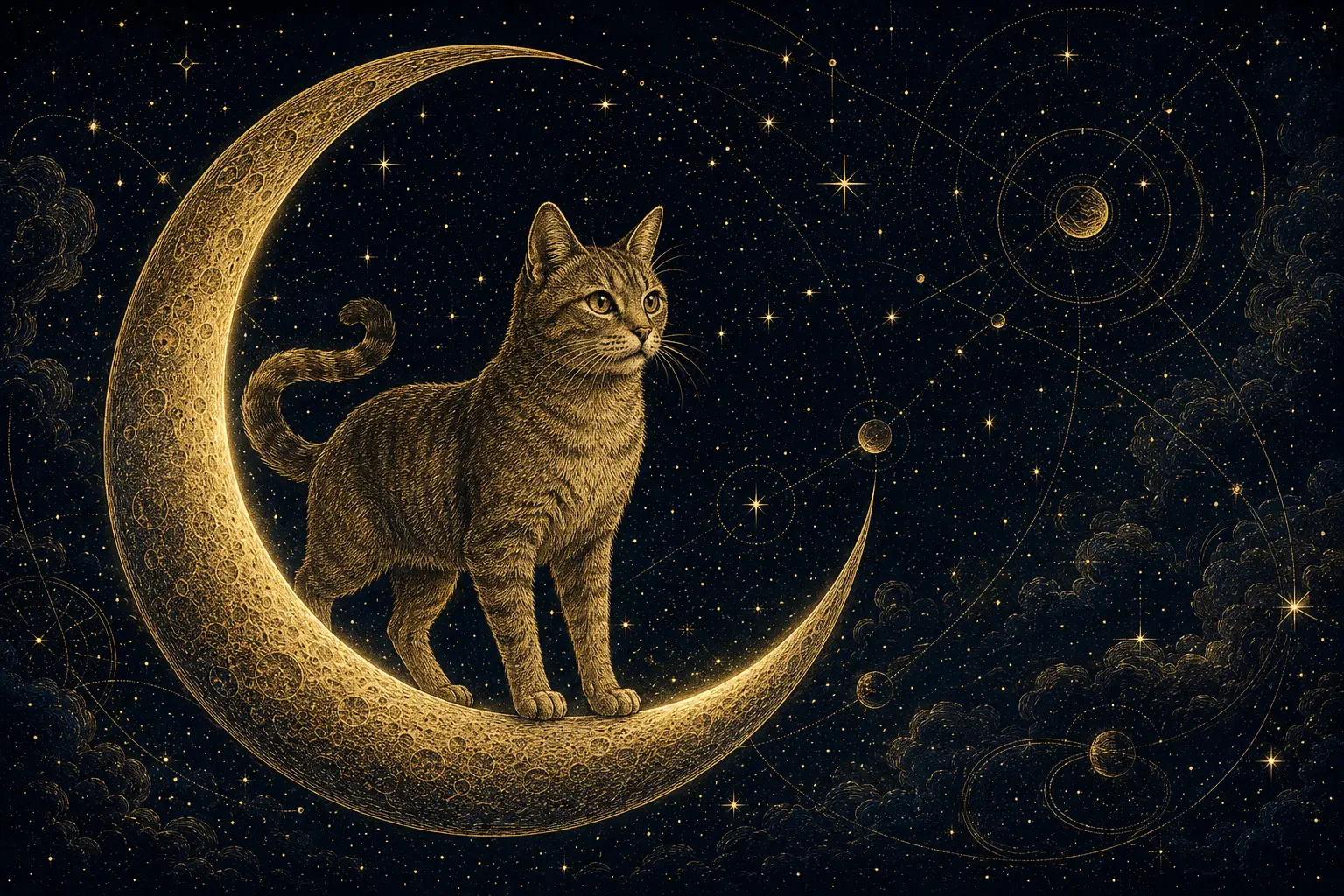 Chapter I — The Awakening: a tabby cat standing on a golden crescent moon