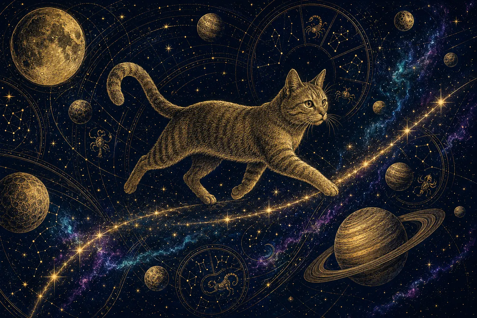 Chapter II — The Constellation Run: the cat sprinting across a star map past Saturn
