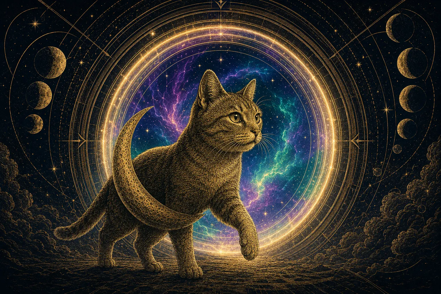 Chapter III — The Nebula Gate: the cat stepping through a glowing ringed portal