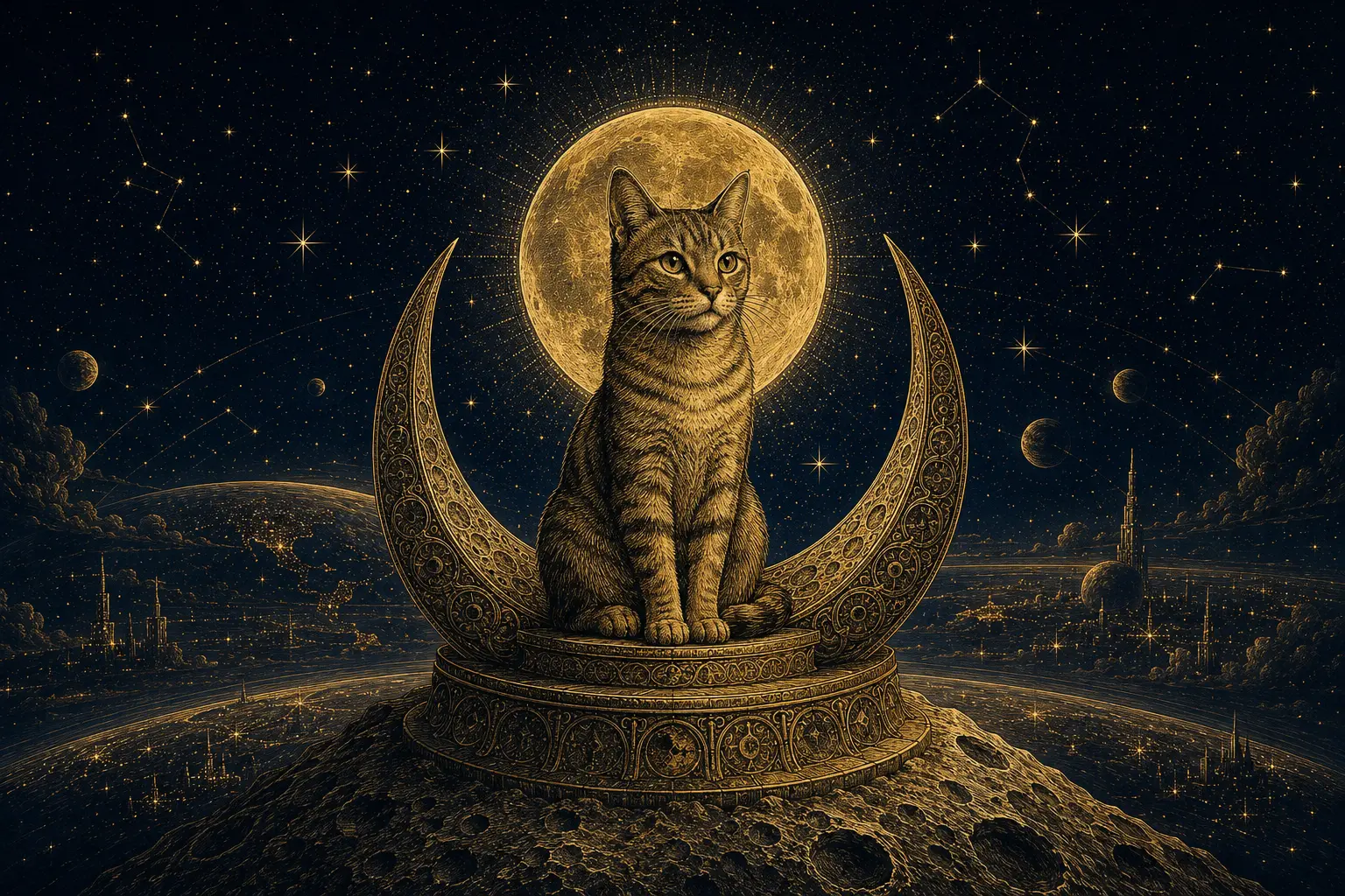 Chapter IV — The Moon Guardian: the cat enthroned on a crescent altar above a lunar city